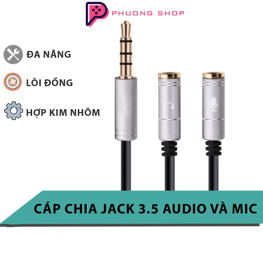 Dây Cáp Chia Jack 3.5mm đực sang 2 đầu Jack 3.5mm cái  - 1 đầu hỗ trợ Mic,1 đầu hỗ trợ tai nghe