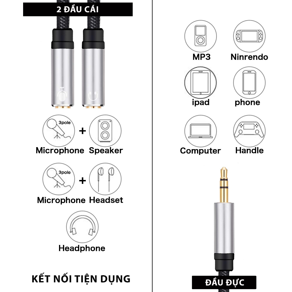 Dây Cáp Chia Jack 3.5mm đực sang 2 đầu Jack 3.5mm cái  - 1 đầu hỗ trợ Mic,1 đầu hỗ trợ tai nghe