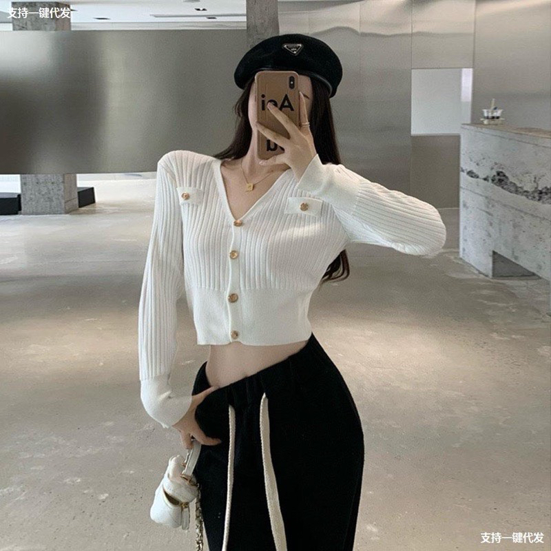 Áo khoác cardigan thun len tăm khuy đồng dài tay sang chảnh dáng ôm