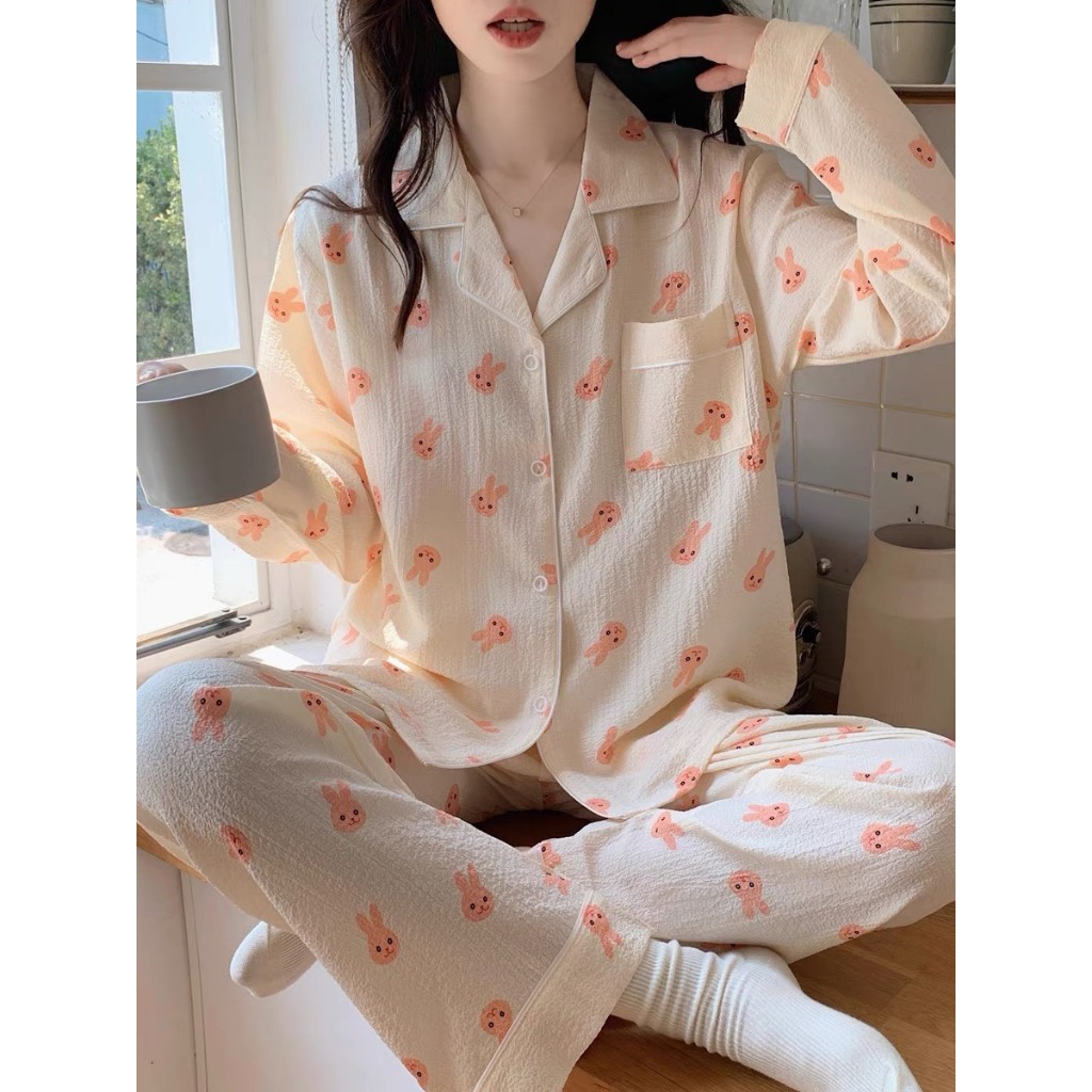 Pijama nữ tay dài, Bộ pizama đũi xốp họa tiết dễ thương DÀI TAY màu pastel