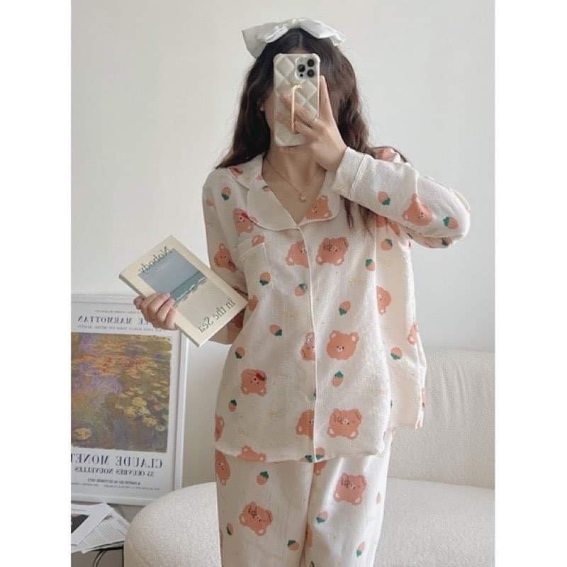 Pijama nữ tay dài, Bộ pizama đũi xốp họa tiết dễ thương DÀI TAY màu pastel