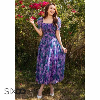 Đầm voan hoa cổ vuông tay phồng SIXDO