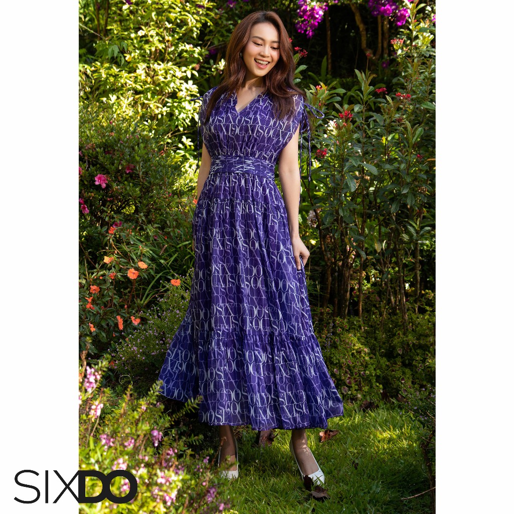 Đầm tơ tím cổ V họa tiết chữ (Dark Purple SIXDO Midi Dress)
