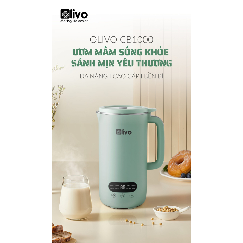 Máy Xay Sữa Hạt Olivo CB1000, Dung Tích 1L, Nắp Inox Kết Hợp Kính Cường Lực, Chống Trào Tuyệt Đối