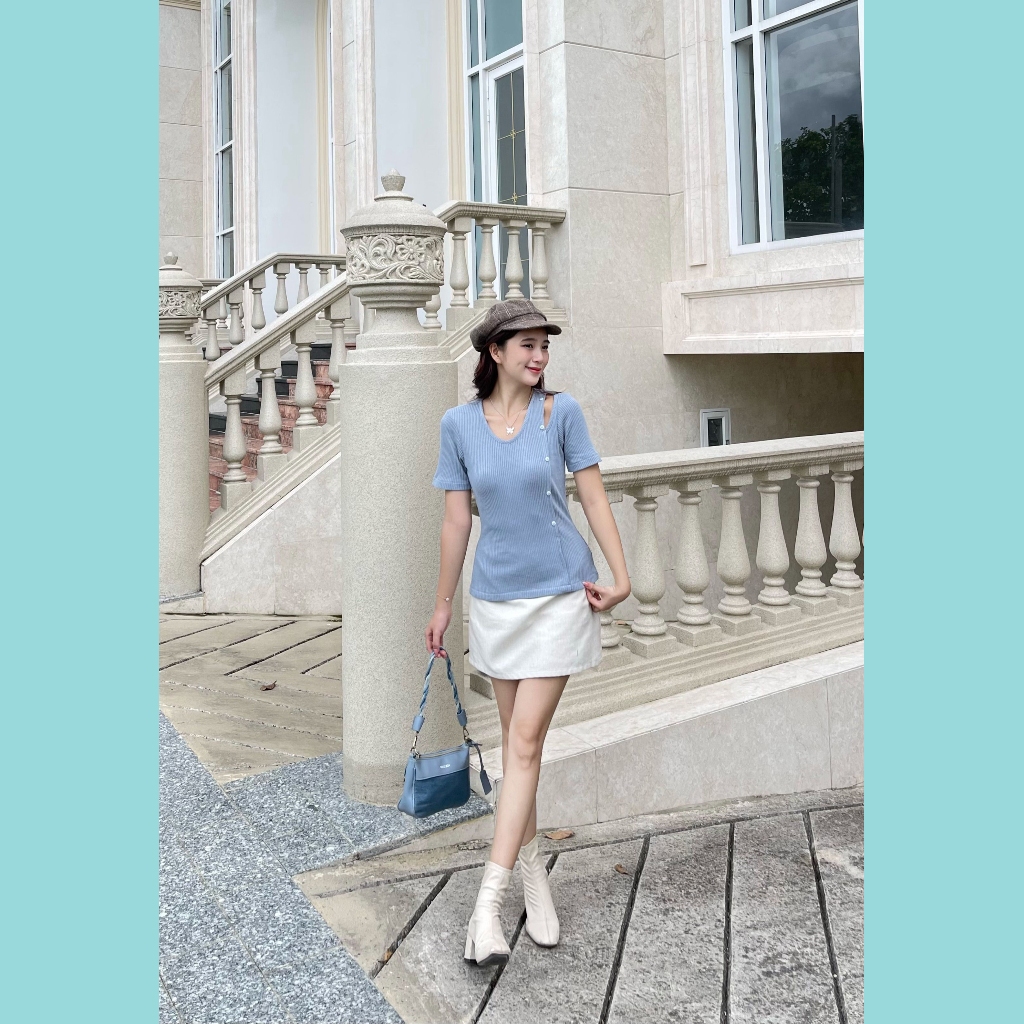 Áo thun gân ODS thiết kế, cổ V trước, hở tam giác 1 bên vai, tay ngắn, thời trang, tôn dáng - CG1