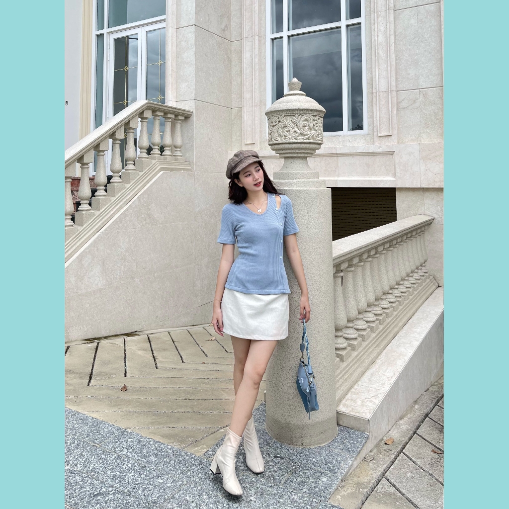 Áo thun gân ODS thiết kế, cổ V trước, hở tam giác 1 bên vai, tay ngắn, thời trang, tôn dáng - CG1