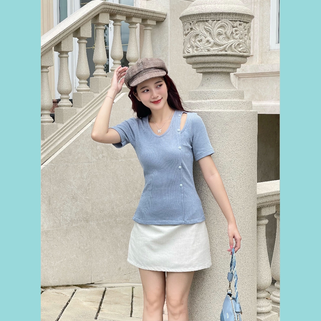 Áo thun gân ODS thiết kế, cổ V trước, hở tam giác 1 bên vai, tay ngắn, thời trang, tôn dáng - CG1