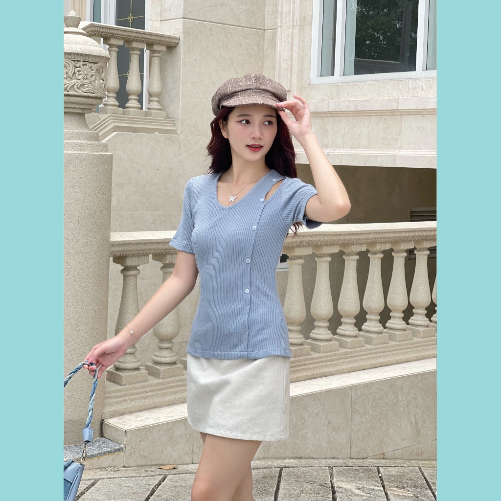 Áo thun gân ODS thiết kế, cổ V trước, hở tam giác 1 bên vai, tay ngắn, thời trang, tôn dáng - CG1