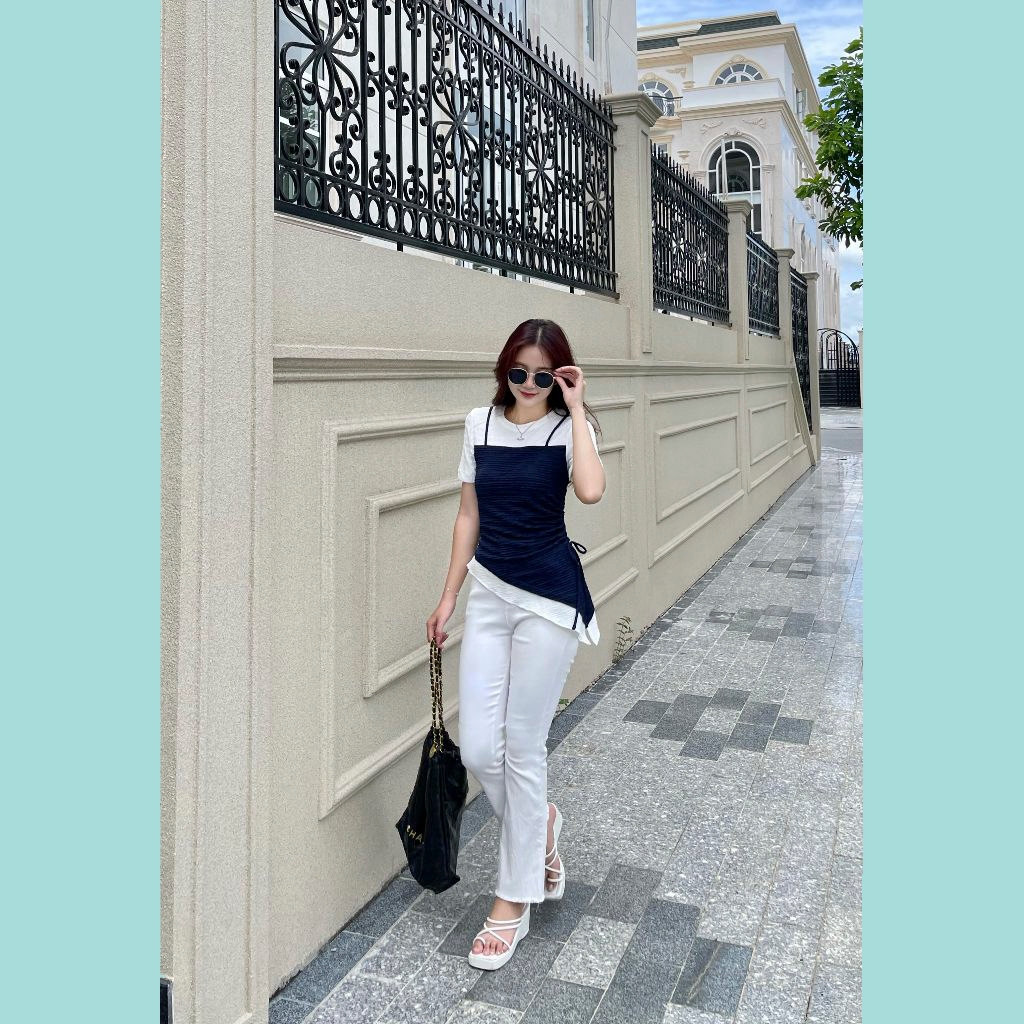 Áo thun phối ODS thiết kế, phối áo dây, rút dây nơ 1 bên sườn, thời trang, tôn dáng - CG5