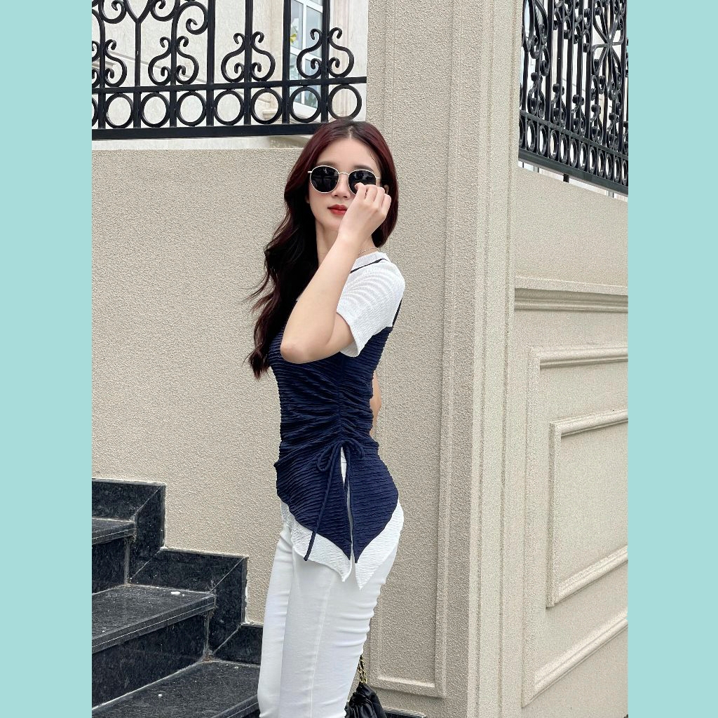 Áo thun phối ODS thiết kế, phối áo dây, rút dây nơ 1 bên sườn, thời trang, tôn dáng - CG5