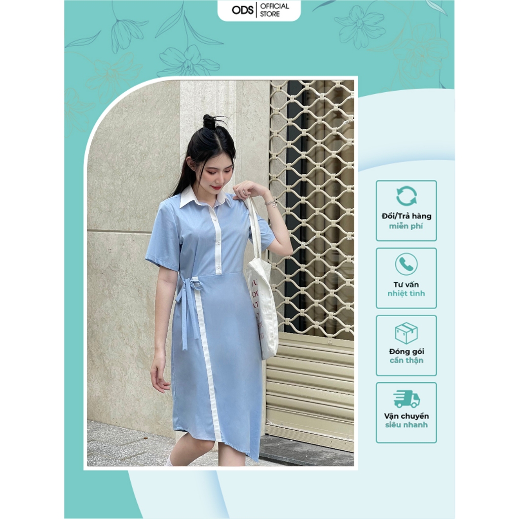 Đầm dài cổ sơ mi ODS thiết kế, đính gài nút thân trên, tùng xéo, cột dây nơ 1 bên eo, thời trang, trẻ trung - BW4