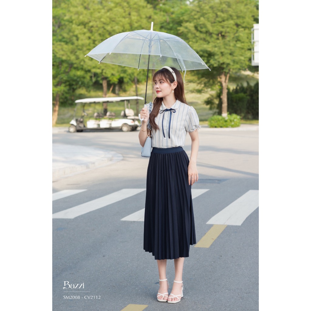 Chân váy xếp li dáng dài màu xanh than Bazzi - ẢNH THẬT