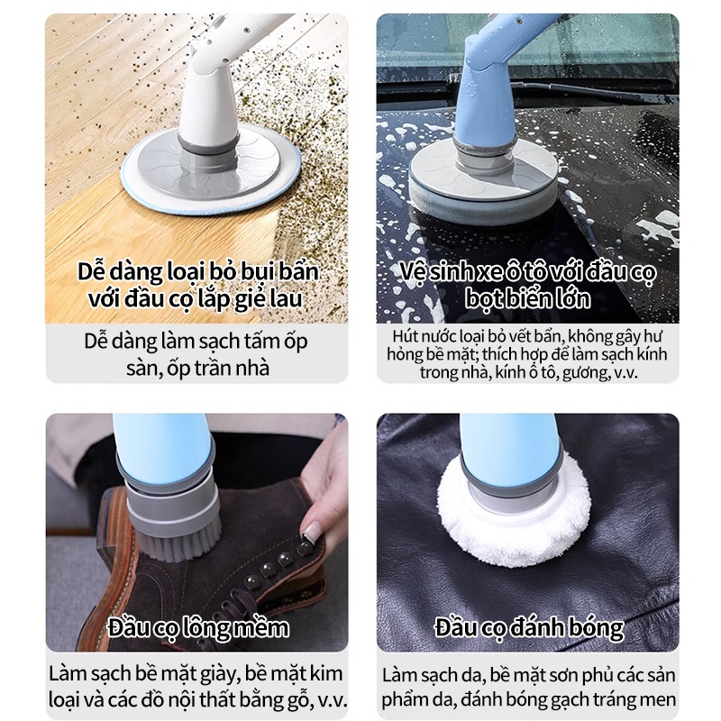 Bàn chải điện vệ sinh cầm tay đa năng vệ sinh nhà bếp, nhà vệ sinh, kèm theo nhiều đầu bàn chải