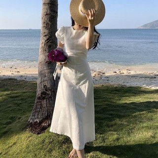 Đầm Váy Maxi Trắng Tay Bồng Hở Lưng Phong Cách Ulzzang Hàn Quốc