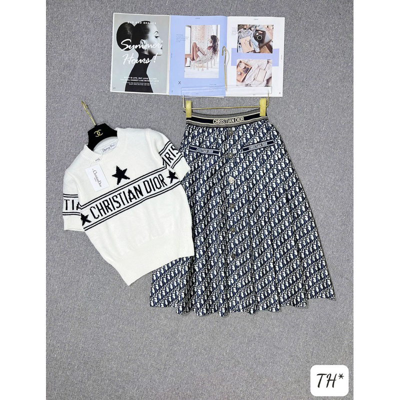 Set áo len cộc tay và chân váy