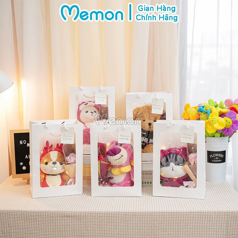 Combo Gấu Bông Hoa Sáp Thơm Tặng Kèm Túi Thiệp Đèn Dành Tặng Cho Người Thân, Món Quà Ý Nghĩa Các Dịp Lễ Cao Cấp Memon
