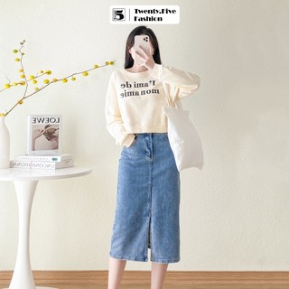 Chân váy jeans nữ dáng dài 2 cúc xẻ trước cạp cao co dãn Twentyfive 4091