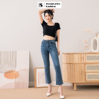 Quần jeans nữ ống loe cạp cao tôn dáng cắt gấu vải co dãn cực tốt Twentyfive 4152