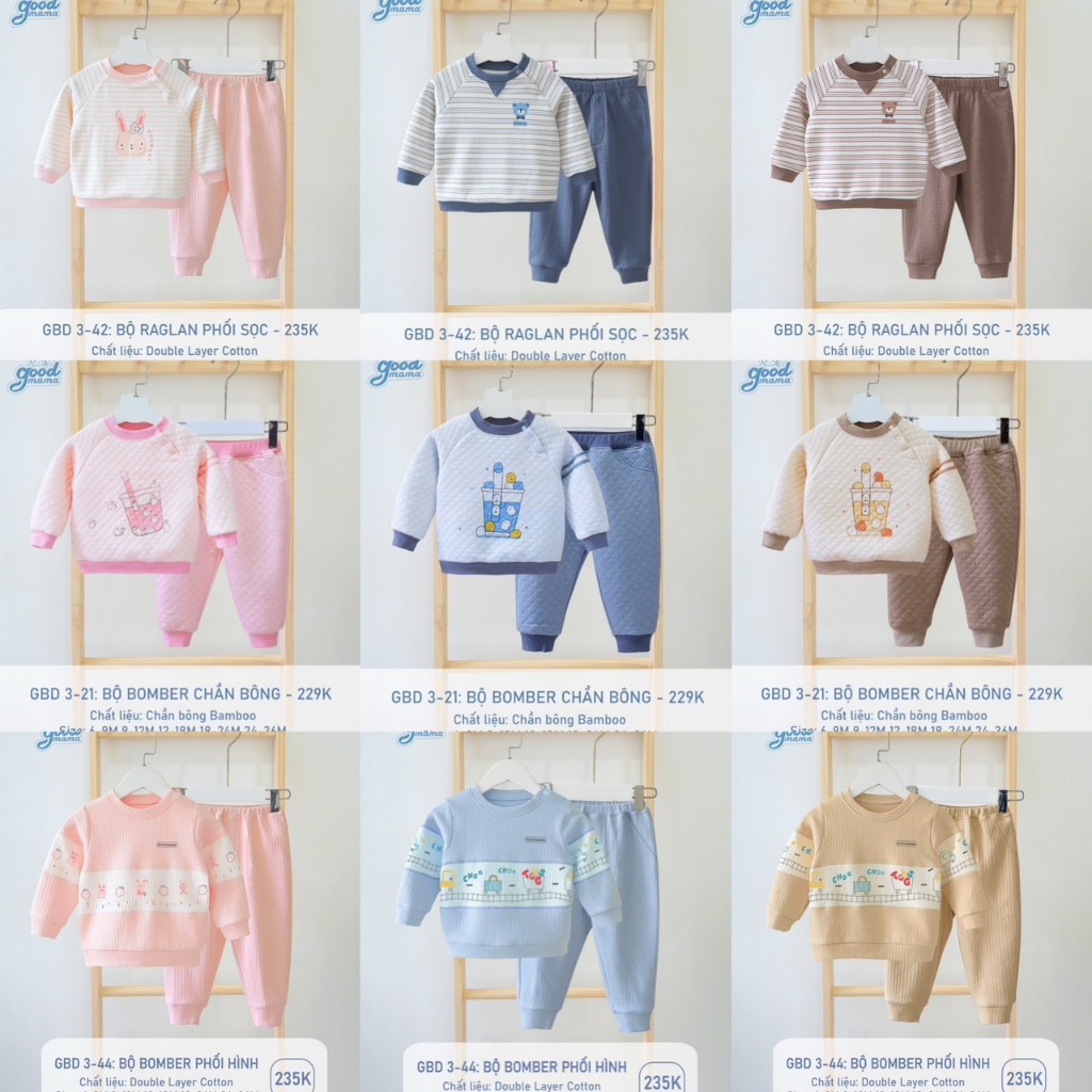 GOODMAMA - Bộ quần áo nỉ cho bé từ 6 tháng đến 36 tháng