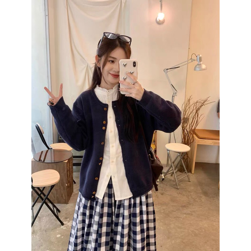 Áo khoác cadigan xanh than cúc đôi style Hàn Quốc