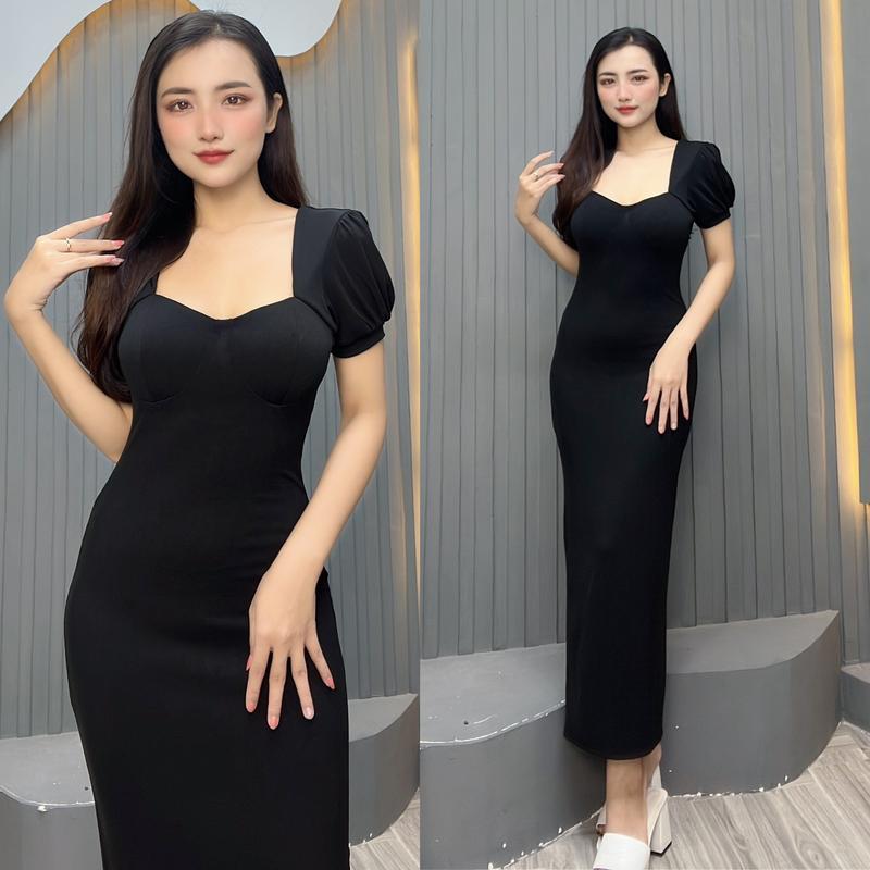 Đ62 Đầm Body Cổ Lục Giác Tay Phồng Phom Dài Xẻ Tà Phía Sau  Chất Nhâp size S,M...