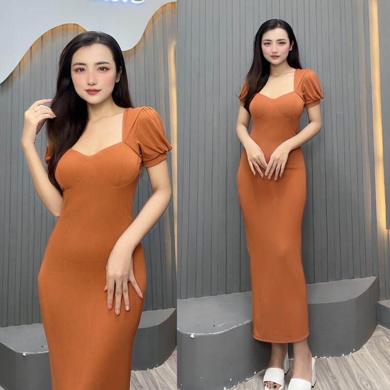 Đ62 Đầm Body Cổ Lục Giác Tay Phồng Phom Dài Xẻ Tà Phía Sau  Chất Nhâp size S,M...