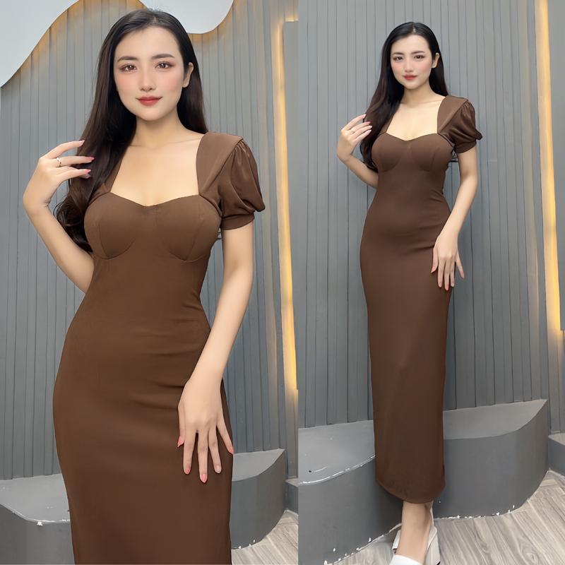 Đ62 Đầm Body Cổ Lục Giác Tay Phồng Phom Dài Xẻ Tà Phía Sau  Chất Nhâp size S,M...