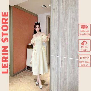 Váy Trễ vai Dáng Dài Đính Hoa Thủ Công Đầm Dự Tiệc Đen Be_LERIN V475