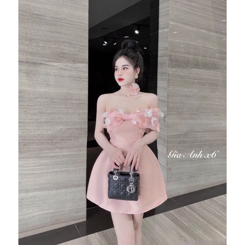 Váy Dự Tiệc Nơ Vai Tiểu Thư Kèm Choker Hoa