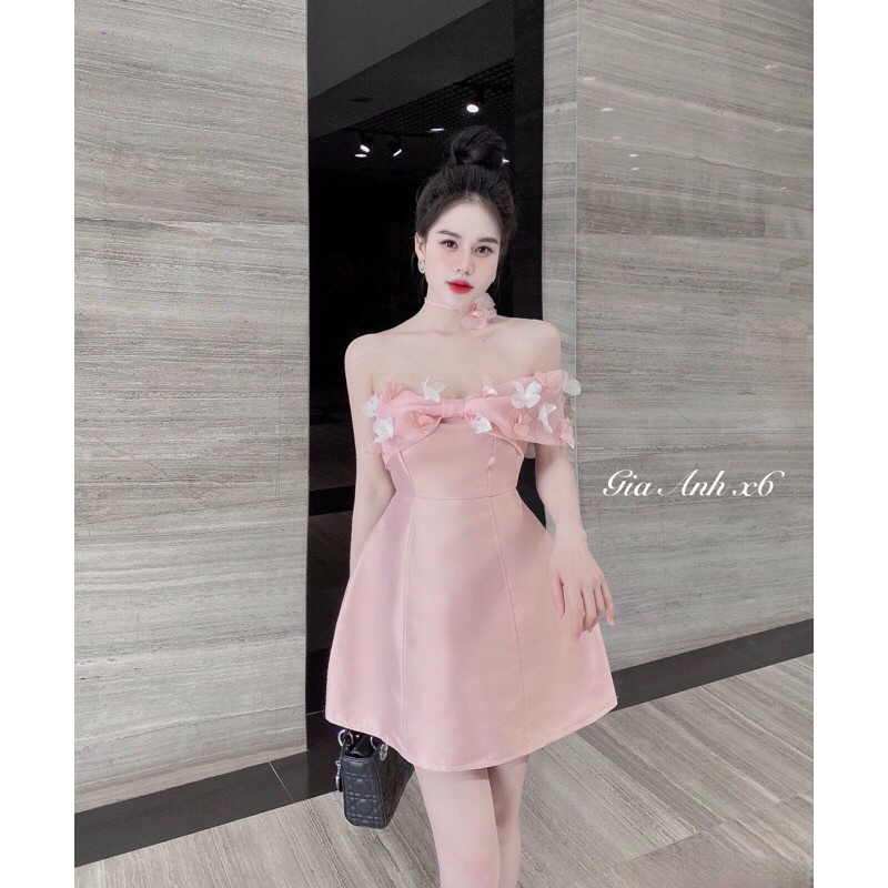 Váy Dự Tiệc Nơ Vai Tiểu Thư Kèm Choker Hoa