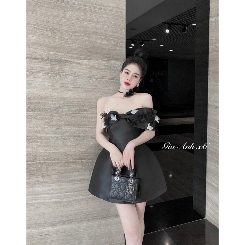 Váy Dự Tiệc Nơ Vai Tiểu Thư Kèm Choker Hoa