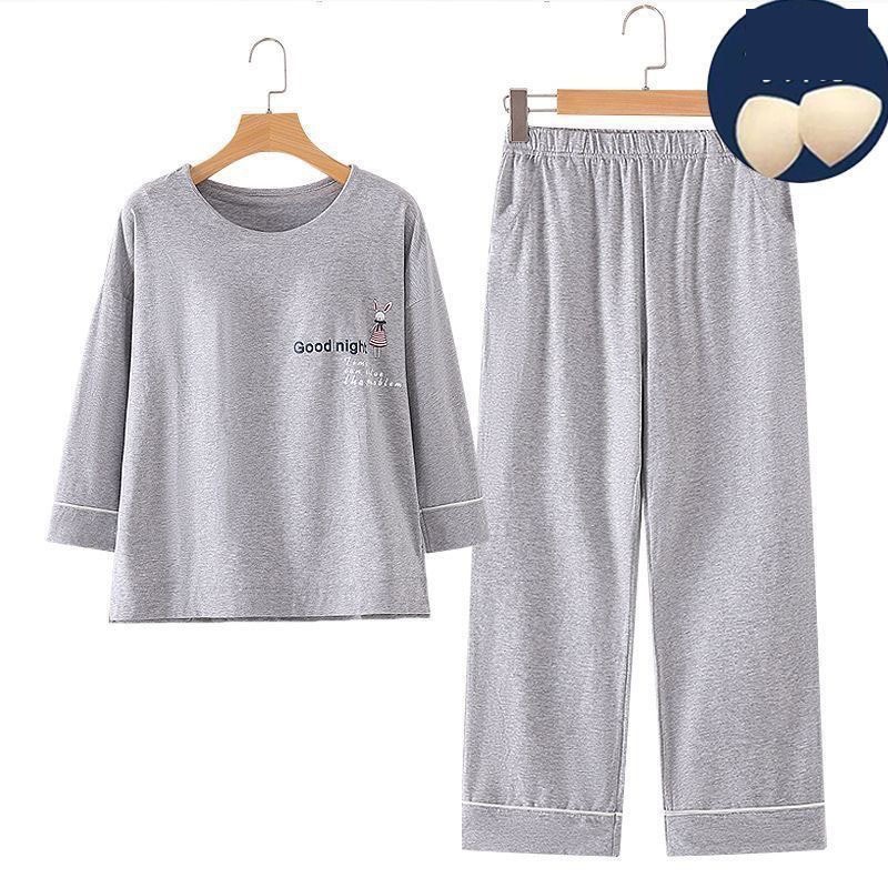 Bộ Đồ Ngủ Nữ Quần Áo Nữ Có Đệm Ngực Lót Mặc Trong Nhà Vải Cotton Co Giãn Pijama Dài Tay Dày Ở Nhà Mùa Xuân Thu Đông Hè