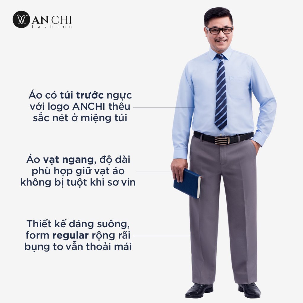 Áo Sơ Mi Nam Dài Tay Trung Niên ANCHI Classic Cotton Trơn Màu Xanh Nhạt Cao Cấp