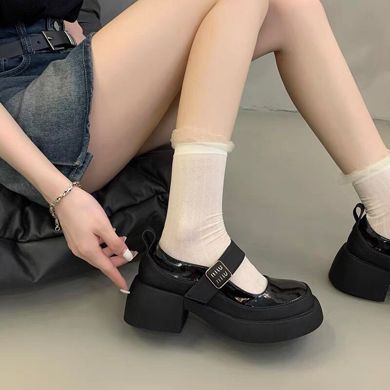 Giày búp bê miu khoá vuông quai ngang da bóng gót vuông hàng QCCC fullbox