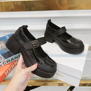  Giày búp bê miu khoá vuông quai ngang da bóng gót vuông hàng QCCC fullbox 