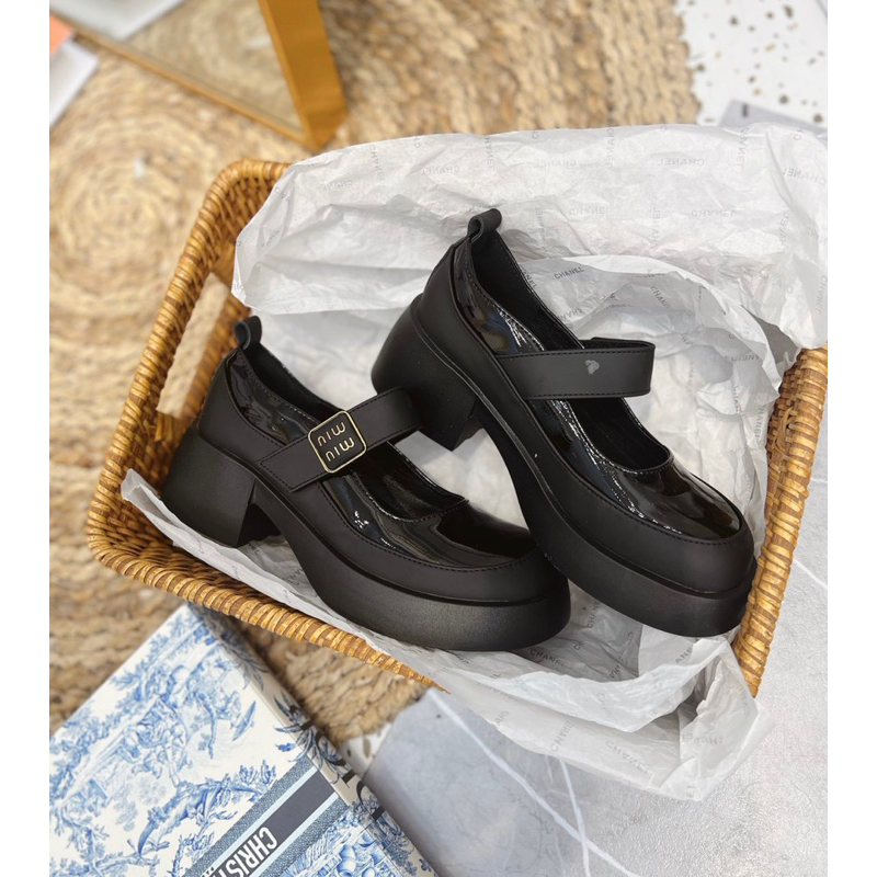 Giày búp bê miu khoá vuông quai ngang da bóng gót vuông hàng QCCC fullbox