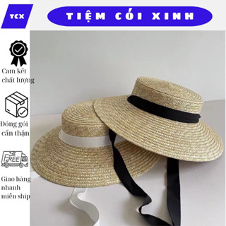 Mũ cói nữ đi biển nón cói vành rộng cụp chóp cạn buộc dây ruy băng hàng đúng loại cao cấp sợi đẹp