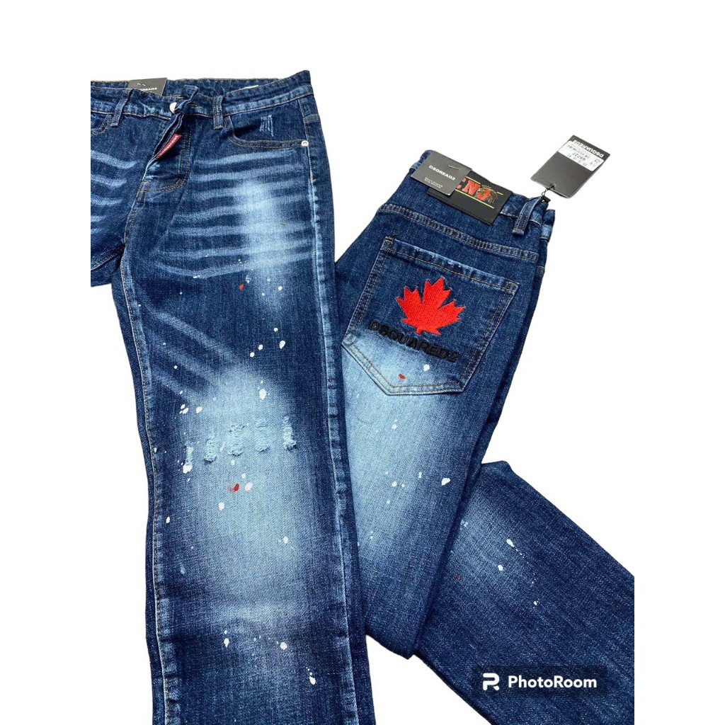 Quần Jean Nam DSQ Xanh Wash Bạc vảy Sơn Thêu Lá Phong Đỏ Bản Đủ - Bản Khuyết Mói Nhất