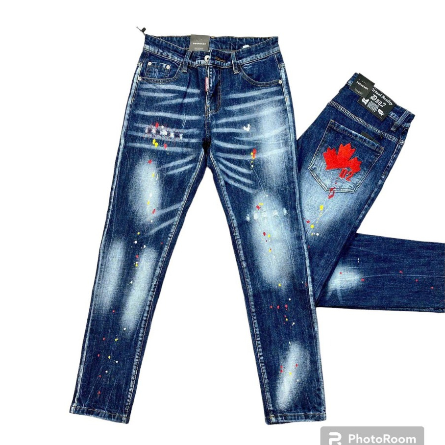 Quần Jean Nam DSQ Xanh Wash Bạc vảy Sơn Thêu Lá Phong Đỏ Bản Đủ - Bản Khuyết Mói Nhất