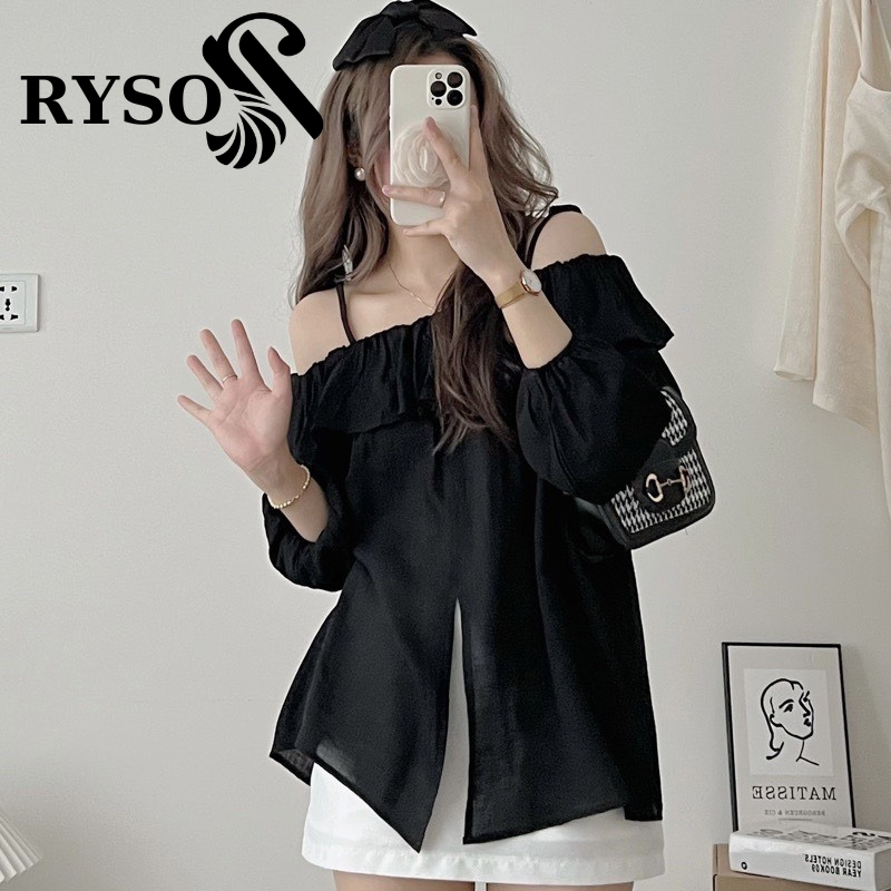 Áo kiểu trễ vai viền bèo xẻ 2 dây RYSO FASHION điều chỉnh bo tay chất đũi đẹp form xinh