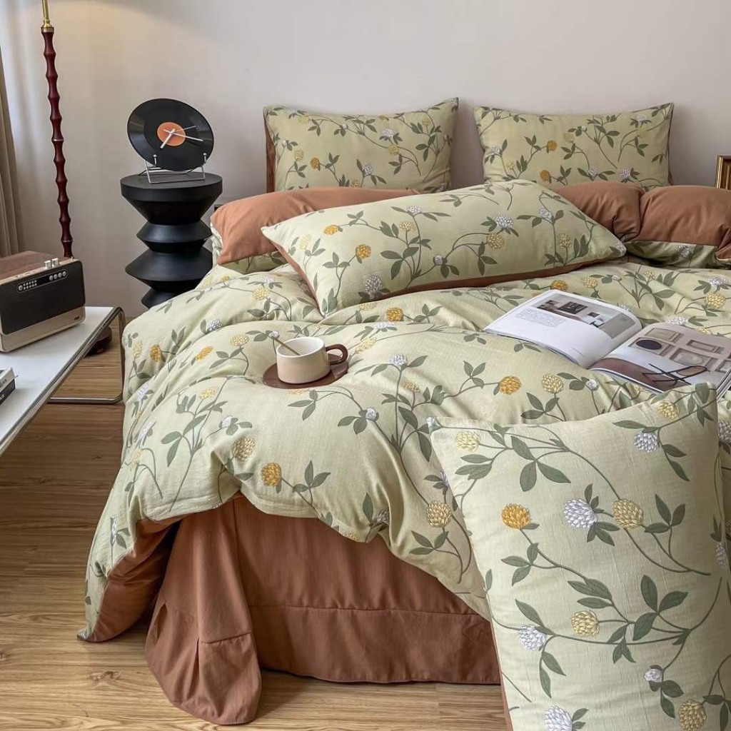 Bộ chăn ga gối Cotton Đũi Hoa 4 món hàng nhập khẩu