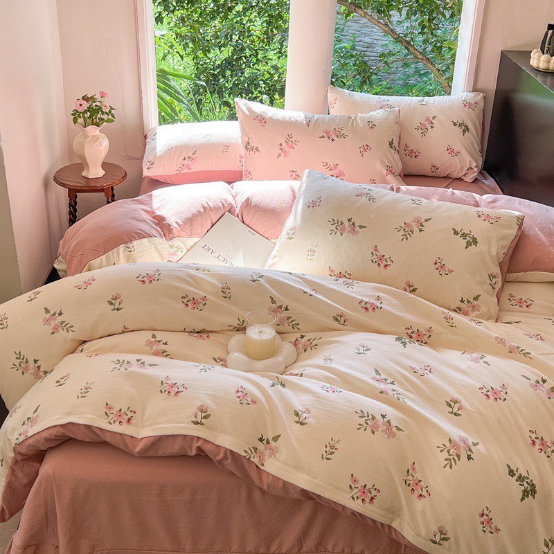 Bộ chăn ga gối Cotton Đũi Hoa 4 món hàng nhập khẩu