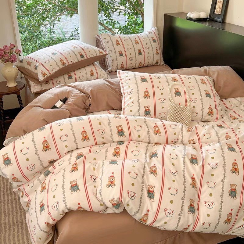 Bộ chăn ga gối Cotton Đũi Hoa 4 món hàng nhập khẩu