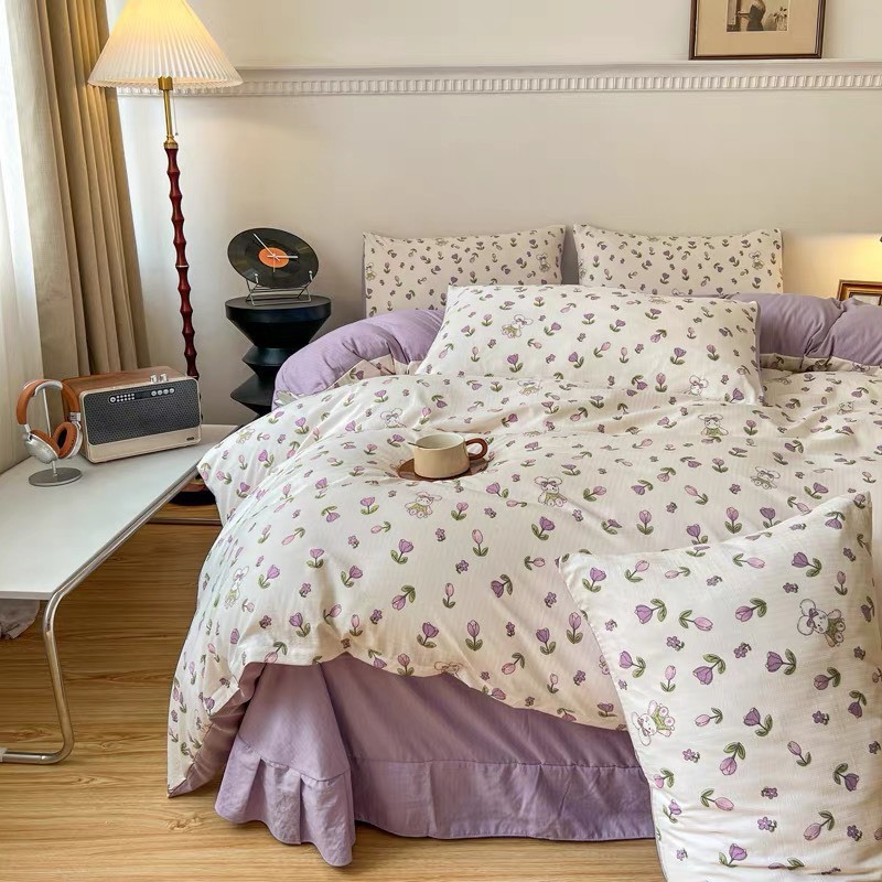 Bộ chăn ga gối Cotton Đũi Hoa 4 món hàng nhập khẩu