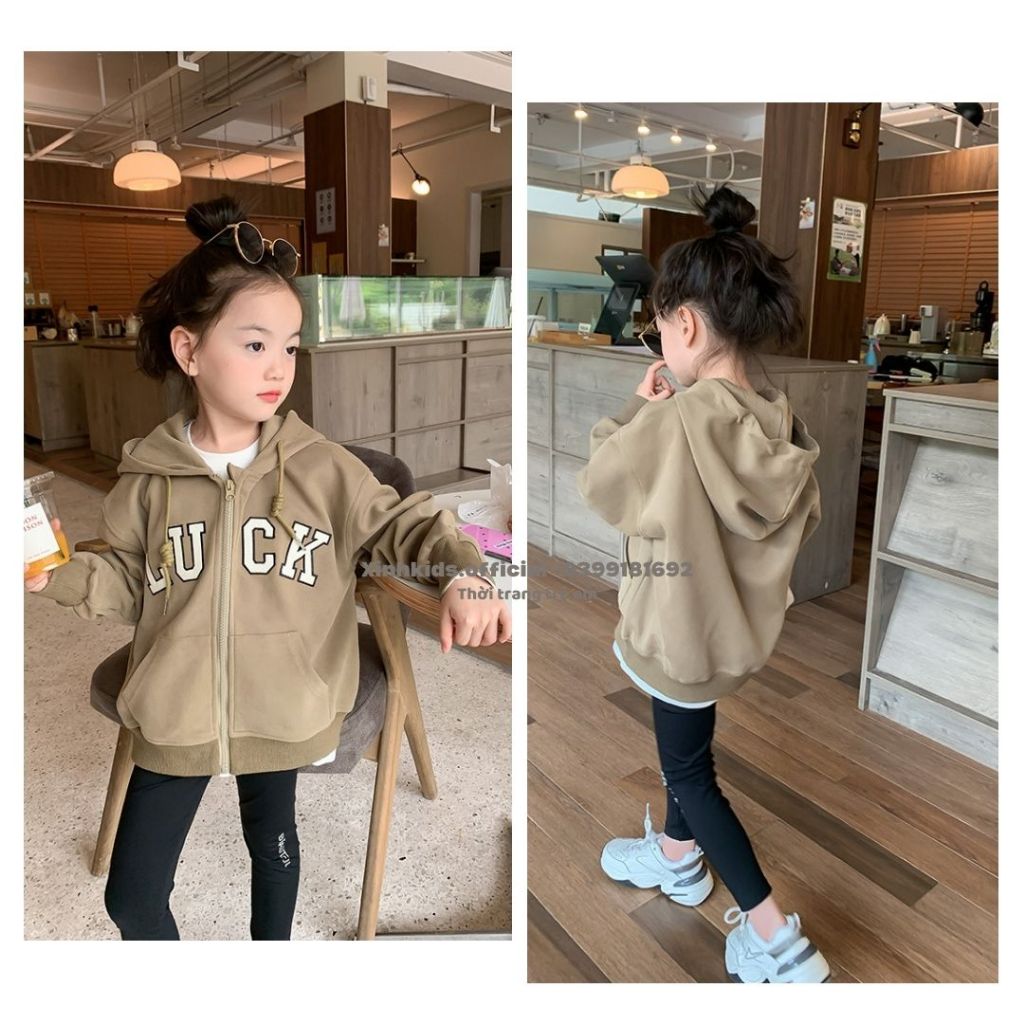 Áo hoodie cho bé gái kiểu kéo khóa và có mũ, áo khoác nỉ cho bé 3- 10 tuổi hàng quảng châu cao cấp