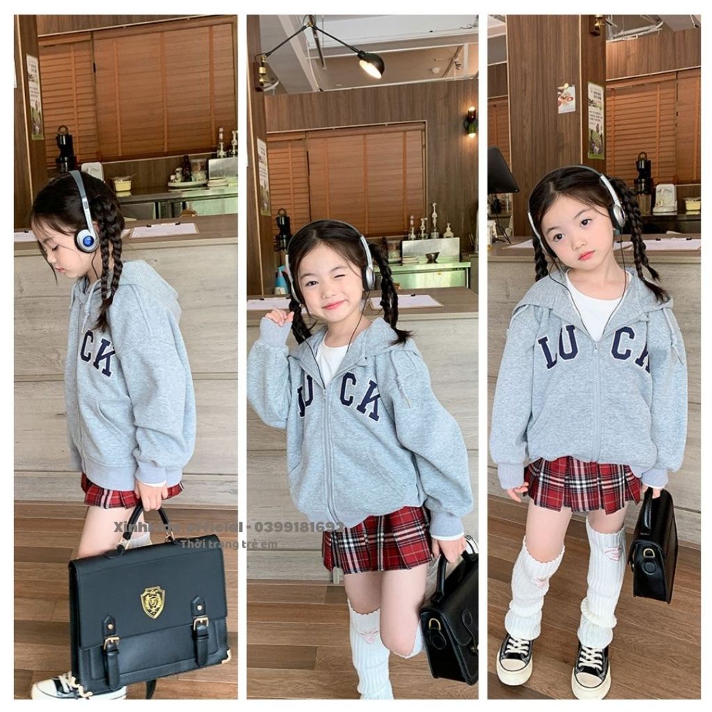 Áo hoodie cho bé gái kiểu kéo khóa và có mũ, áo khoác nỉ cho bé 3- 10 tuổi hàng quảng châu cao cấp