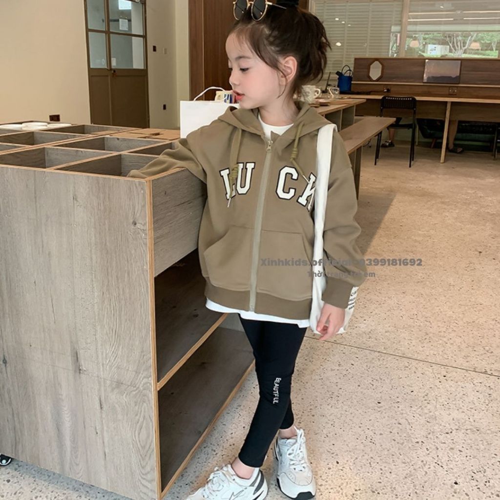 Áo khoác cho bé gái kiểu dáng hoodie cá tính , áo cardigan cho bé gái chất nỉ bông cao cấp