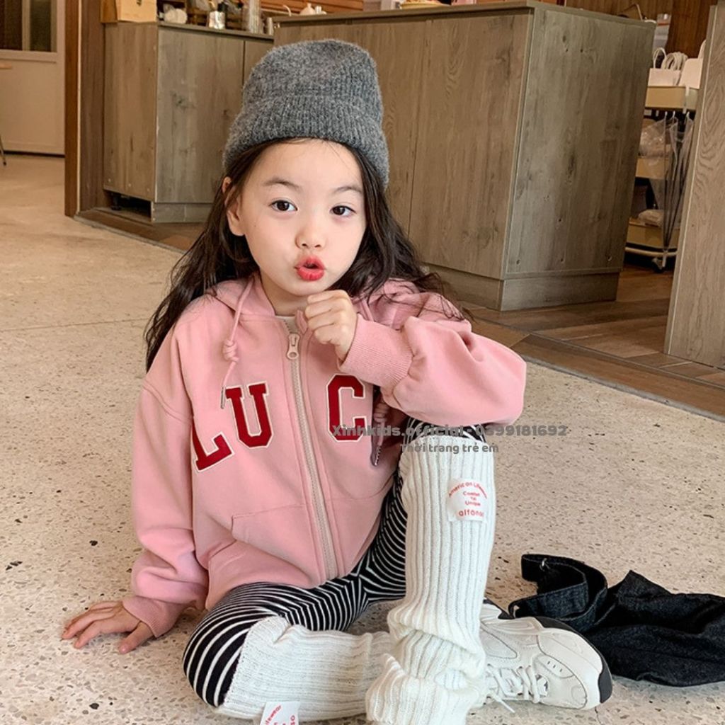 Áo khoác cho bé gái kiểu dáng hoodie cá tính , áo cardigan cho bé gái chất nỉ bông cao cấp