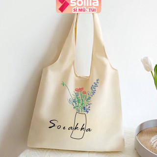 Túi tote vải bố đựng đồ canvas liền quai không khóa miệng túi in hình lọ hoa phong cách Hàn quốc