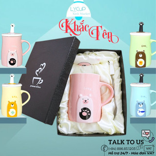 Cốc sứ PASTEL BEAR - KHẮC TÊN THEO YÊU CẦU ý nghĩa, ly sứ CÓ NẮP và THÌA, dung tích 450ml, HÔP QUÀ TẶNG in logo, in hình